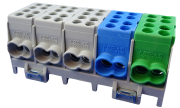 Hargnemisklemm Al/Cu HLAK 25-5/10 S, 5x (2x 25/16mm²/ 2x 16/10mm²), 130/100A 1000VAC/DC, 2.5/2Nm, TS35, 3x hall, sinine, roheline