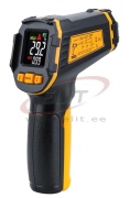 Infrapuna Termomeeter -50℃ To 490℃, täpsusklass 0-100℃ ±1.5℃ , värviline LCD, 13 points laser, emissivity 0.1-1.0 adjust., distance to Spot Size 12:1, work humidity 10-95%RH, max/min. alarm, battery 2x 1.5V AAA not incl., GVDA