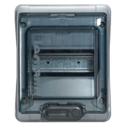 SM Distribution Box Plexo³, 6M, 32A 400VAC, PEN 4^4, 200x164x116mm, reinforced polystyrene ^PC, -25..40°C, incl. 5 cable glands, UV-stable, HF, cl. II, IP65 IK09, transparent^grey