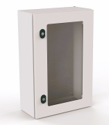 Enclosure E COR, 400Wx400Hx200D, door w. tempered glass window, mounting plate, 1x gland plate 310x110, 1x lock w. ø3mm double bar key, C3M| epoxy resin layer, IP66 IK10, Nema4, grey