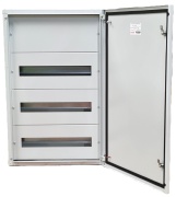 SM Distribution Box JXJ, 3x 18M, 80A 400VAC, 450x705x140mm, top, bottom cable entry plates, galvanised steel sheet, -5..40°C, 4x FL21, Jumax JXJ 54-18, IP44 IK10, MaxPro, pebble grey